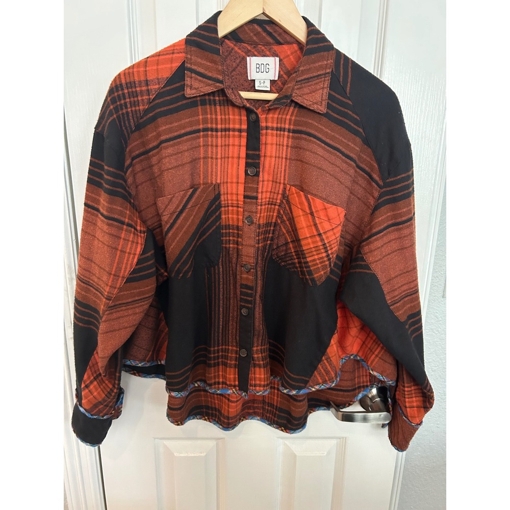 BDG Urban Outfitters Mixed Plaid Patchwork Button Down‎ Shirt Orange Black Small